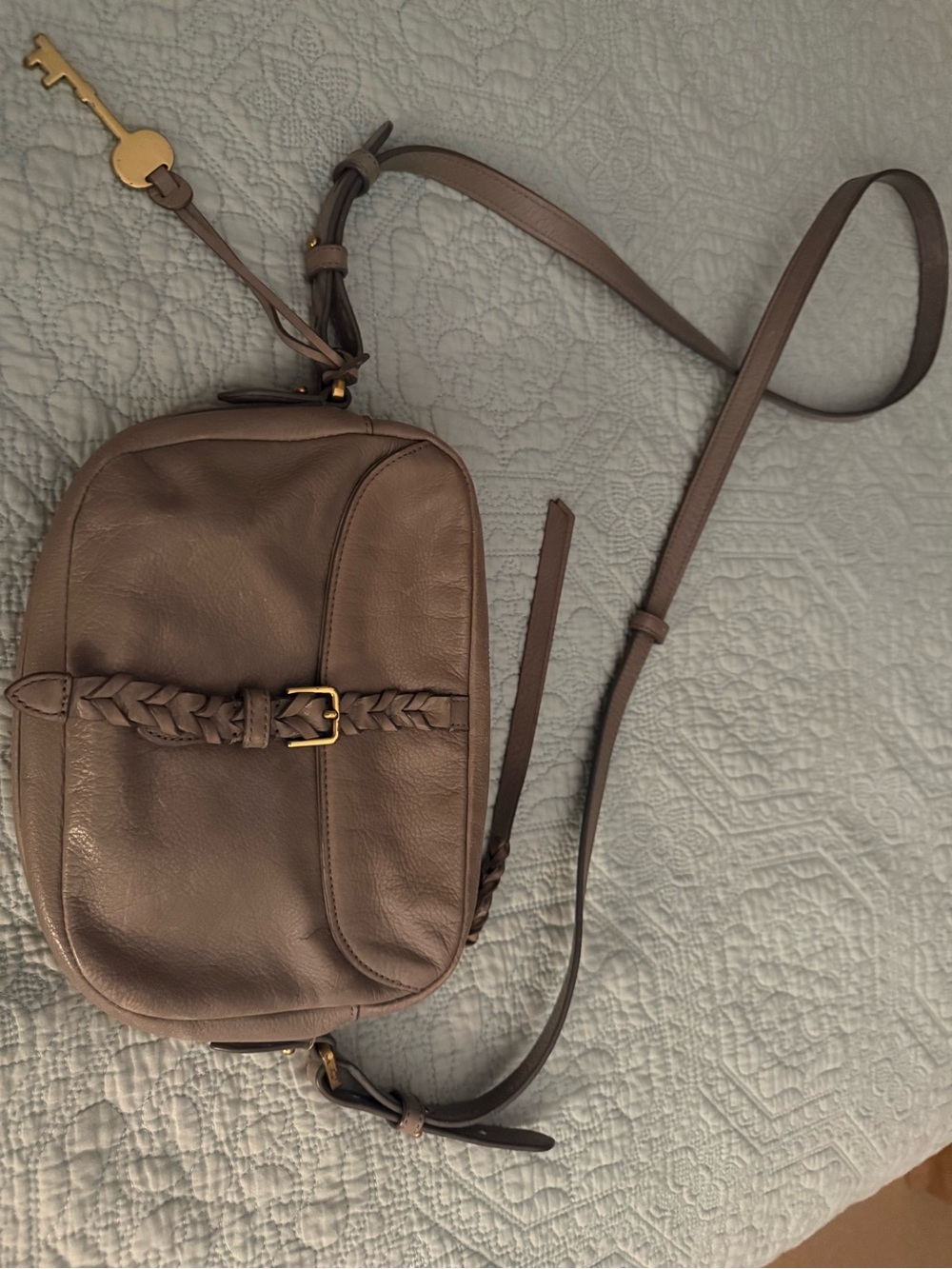 Fossil gray/Taupe Leather Crossbody Bag with Braided Accent